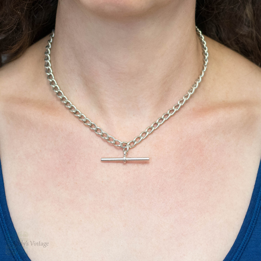 Edwardian Sterling Silver Curb Link Necklace, Antique Double Albert Chain 16.5 inches.