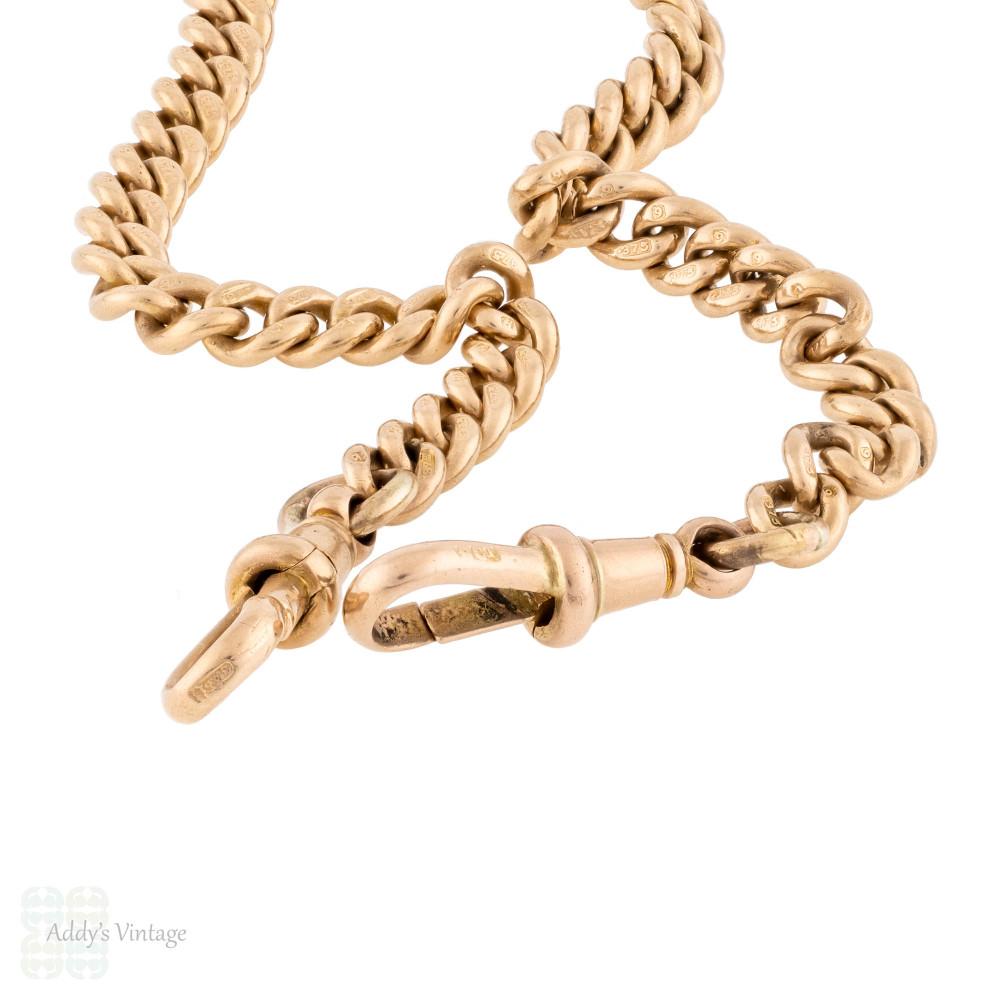 Curb Link 9ct Gold Antique Chain Necklace, Double Dog Clips 16.25 inches (32.25g).