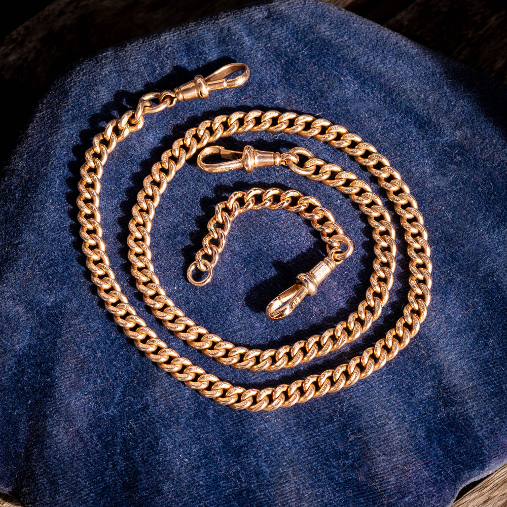 Curb Link 9ct Gold Antique Chain Necklace, Double Dog Clips 16.25 inches (32.25g).