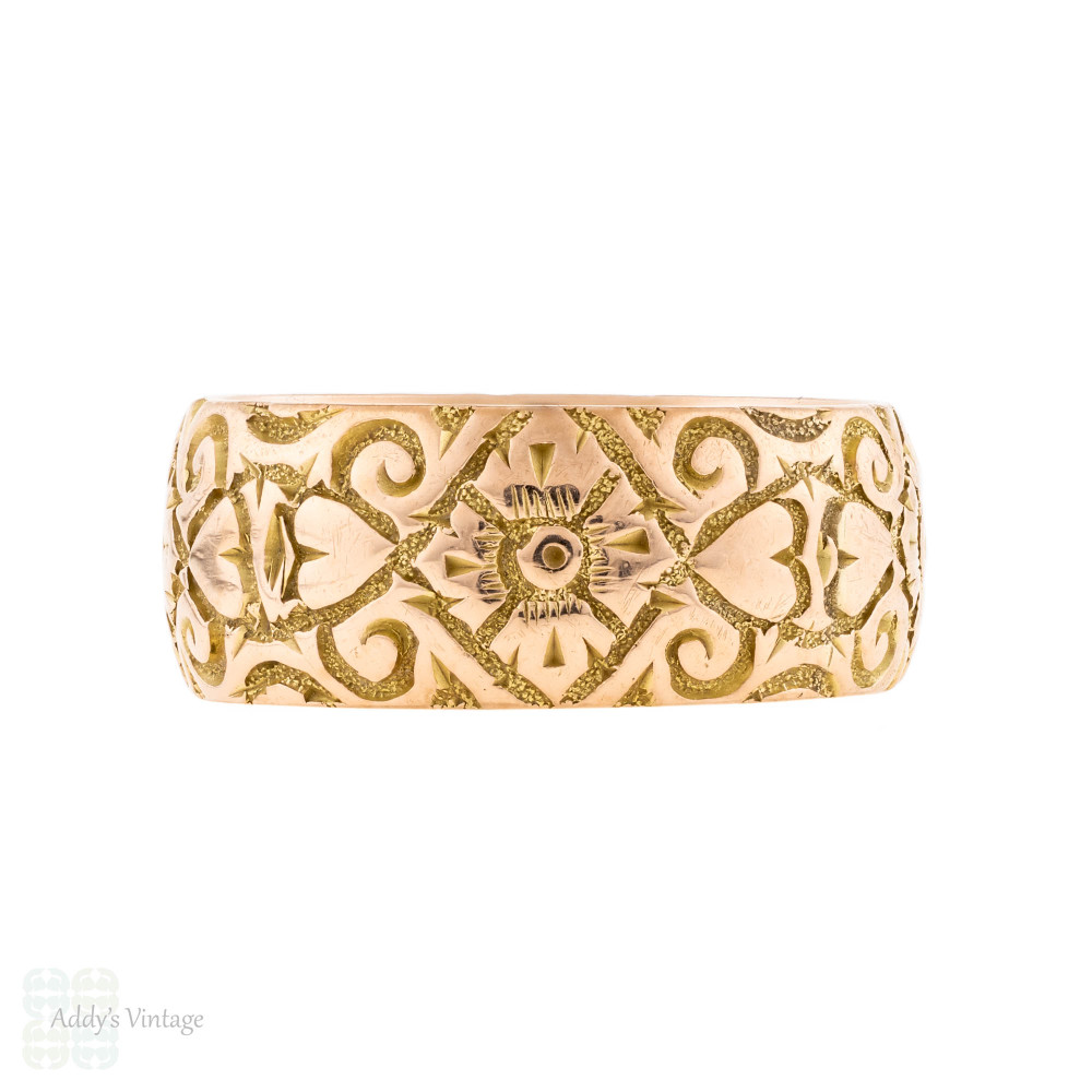 Antique Heart & Flower Engraved 9ct Gold Wide Band, Size Q.5 / 8.5.