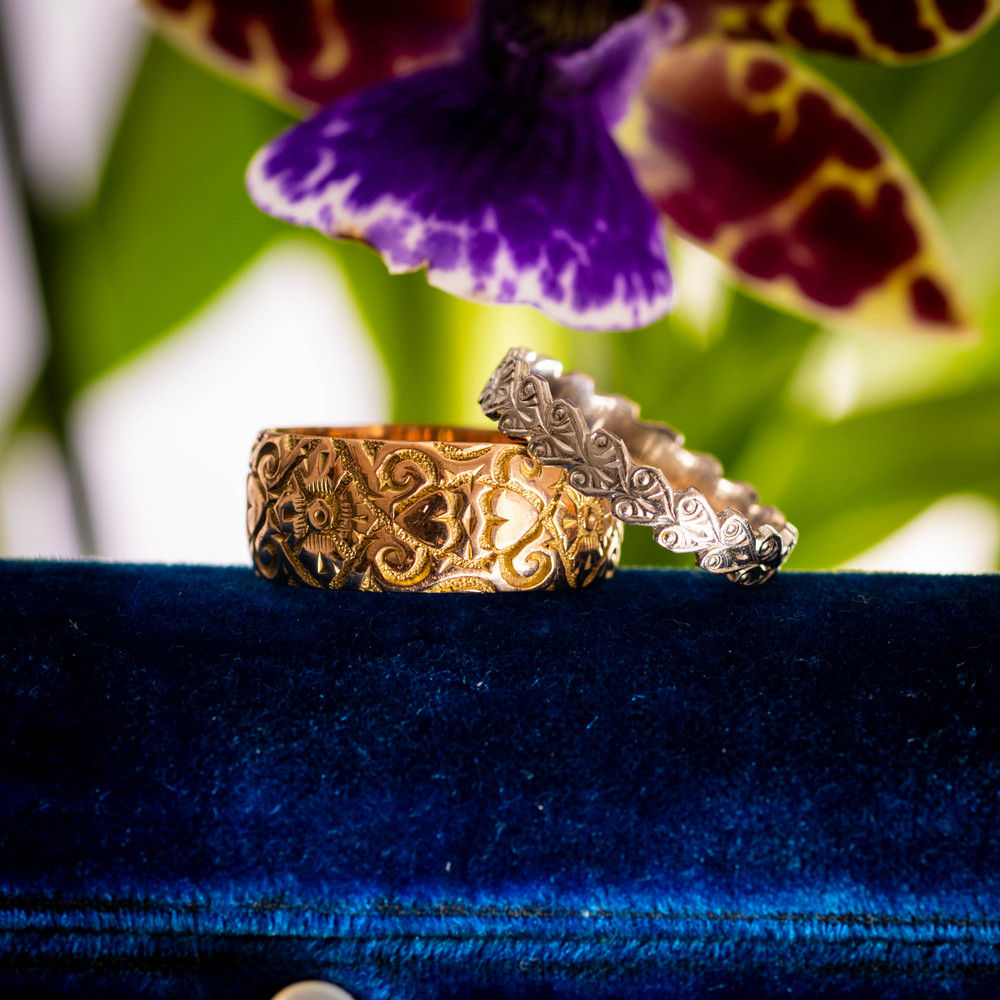 Antique Heart & Flower Engraved 9ct Gold Wide Band, Size P / 7.75