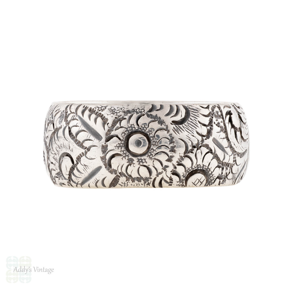 Victorian Wide Floral Engraved Sterling Silver Ring, Size N.5 / 7.