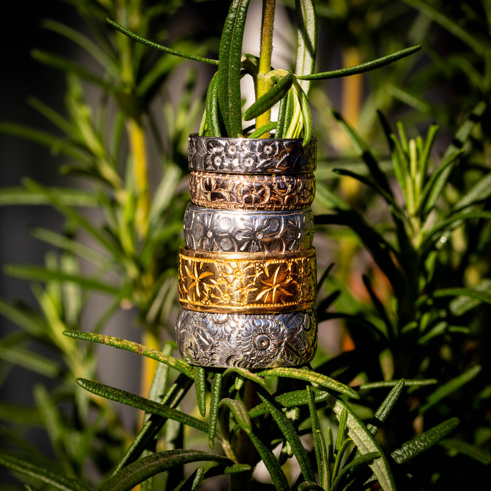 Victorian Wide Floral Engraved Sterling Silver Ring, Size N.5 / 7.