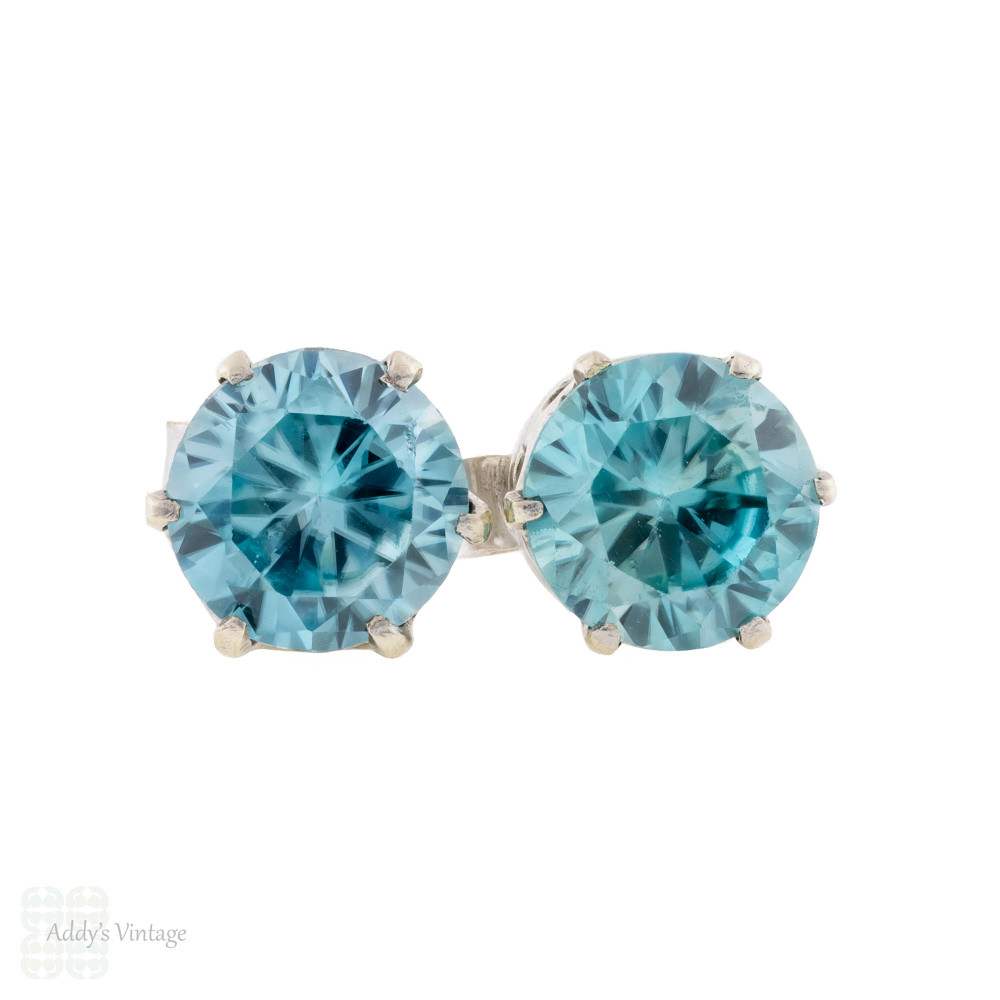 Vintage Blue Zircon Stud Earrings in 9ct White Gold, Mid 20th Century.