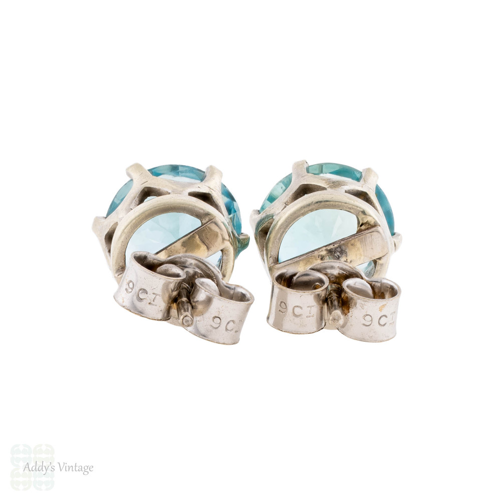 Vintage Blue Zircon Stud Earrings in 9ct White Gold, Mid 20th Century.