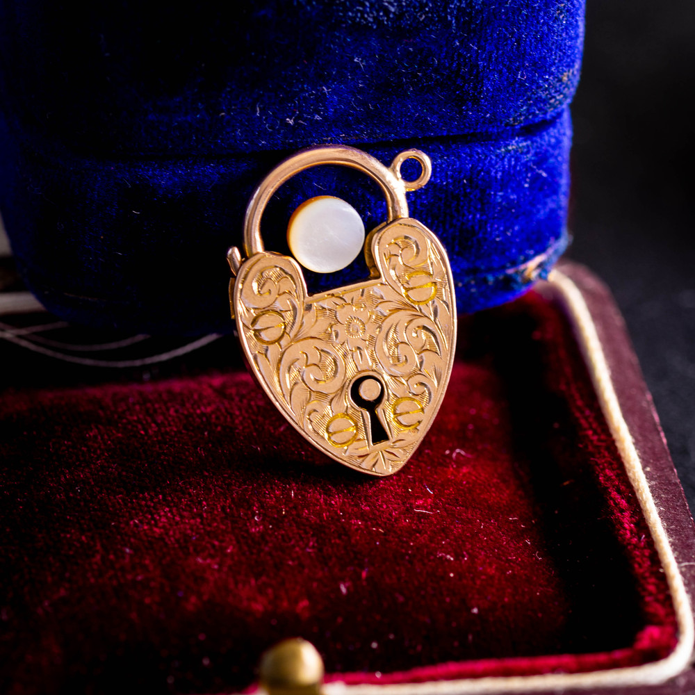 Large Antique Engraved 9ct Gold Heart Padlock Pendant.