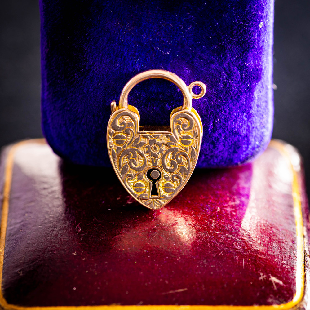 Large Antique Engraved 9ct Gold Heart Padlock Pendant.