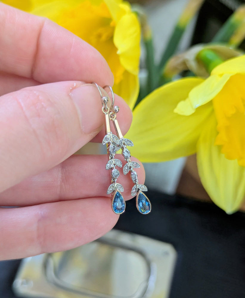 Antique Aquamarine & Diamond Dangle Earrings, 9ct & 18ct Gold.
