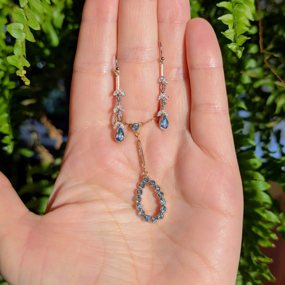 Antique Aquamarine & Diamond Dangle Earrings, 9ct & 18ct Gold.