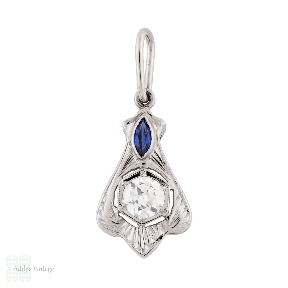 Art Deco Old Cut Diamond & Sapphire Pendant, 18ct White Gold.