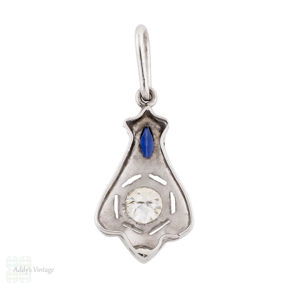 Art Deco Old Cut Diamond & Sapphire Pendant, 18ct White Gold.