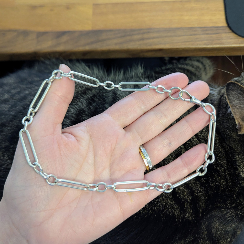 Antique Trombone Link Sterling Silver Albert Chain Necklace, 39 cm.