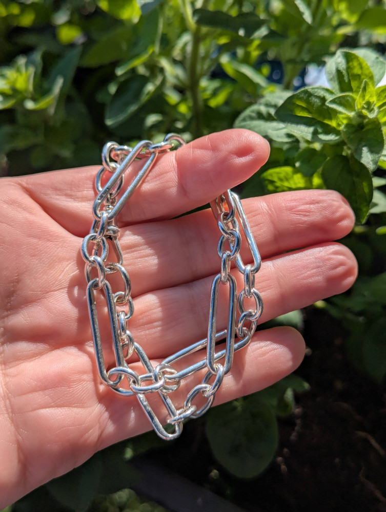 Antique Trombone Link Sterling Silver Albert Chain Necklace, 39 cm.