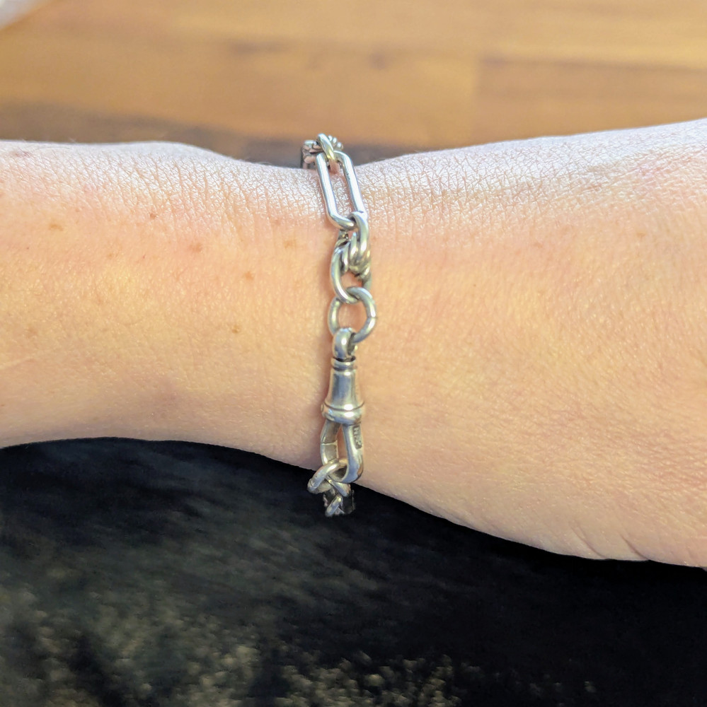 Antique Sterling Silver Trombone Link Bracelet, 19.2 cm / 7.55 inches.