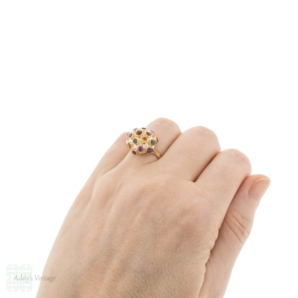 Vintage Sputnik 14k Gold Ring, Mid 20th Century Multi Gemstone Design.