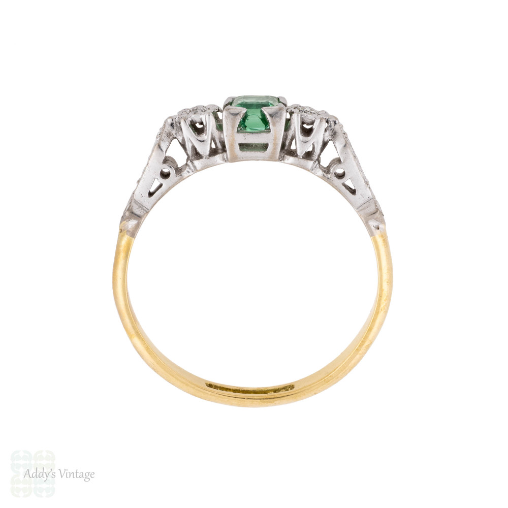 Emerald & Diamond Three Stone Art Deco Engagement Ring, 18ct & Platinum.