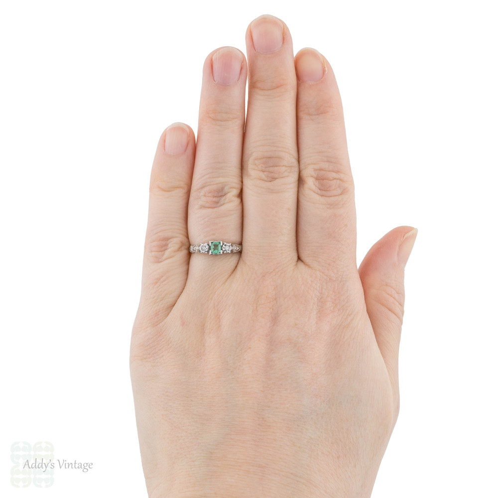 Emerald & Diamond Three Stone Art Deco Engagement Ring, 18ct & Platinum.