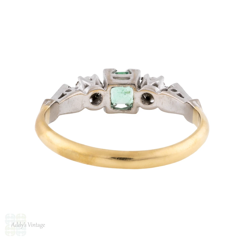 Emerald & Diamond Three Stone Art Deco Engagement Ring, 18ct & Platinum.