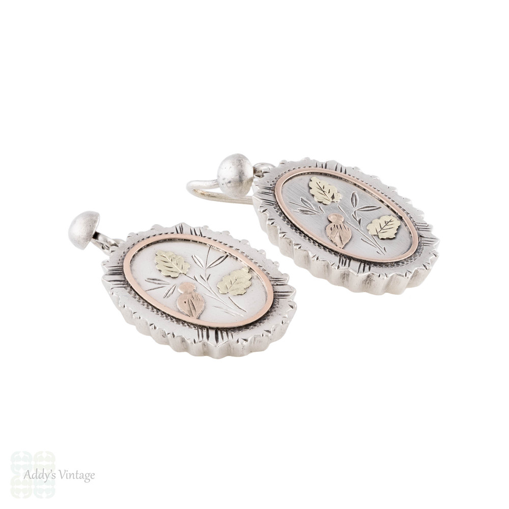 Floral Antique Victorian Sterling Silver & 9ct Gold Aesthetic Earrings.
