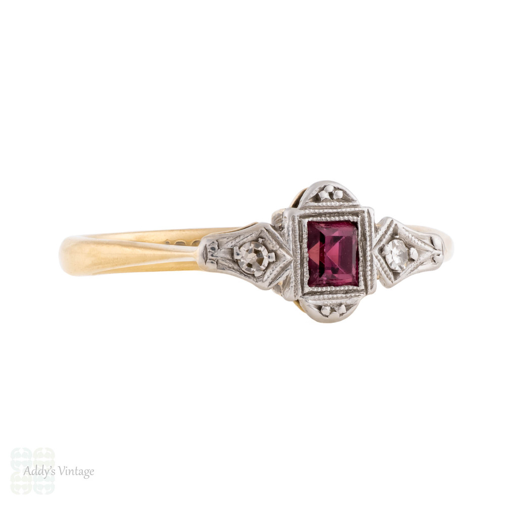 Art Deco Ruby & Diamond Three Stone Ring, 18ct & Platinum.