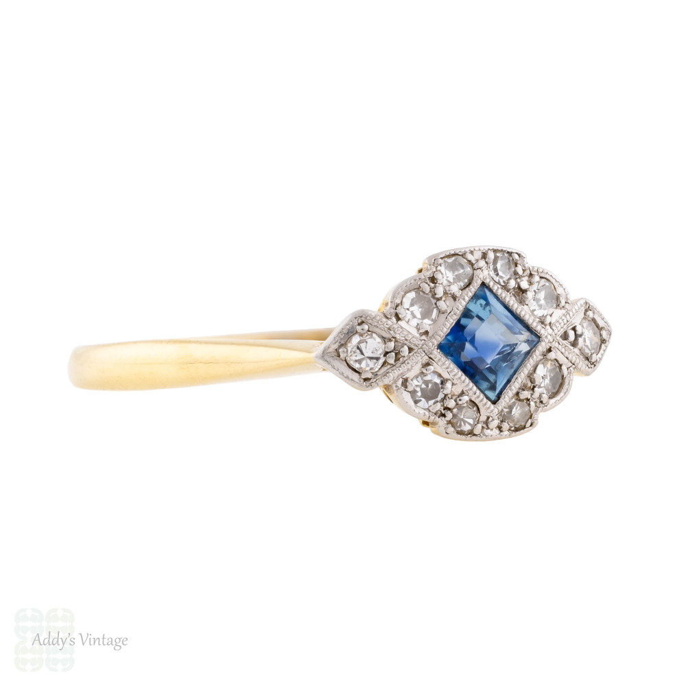 Art Deco Sapphire & Diamond Cluster Ring, 18ct & Platinum.