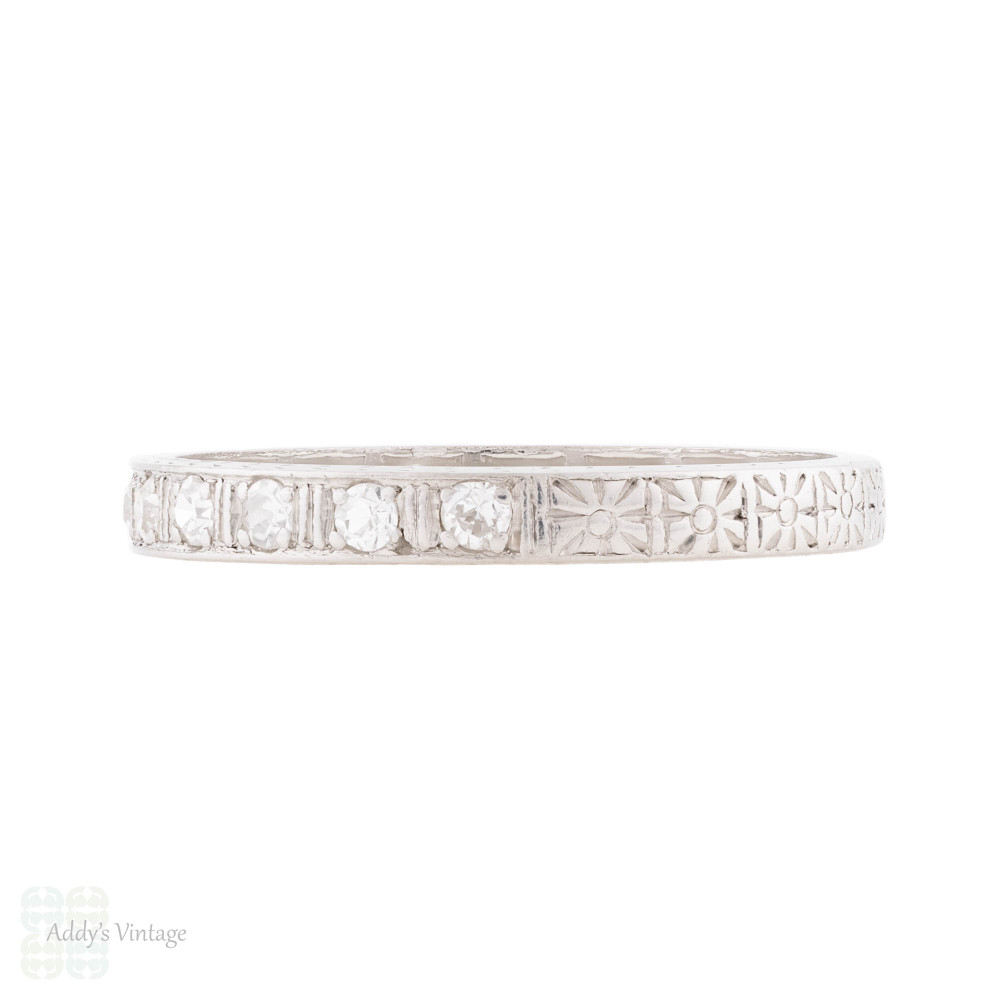 Art Deco Platinum Half Hoop Diamond Ring with Flower Engraving, Size L / 5.75.