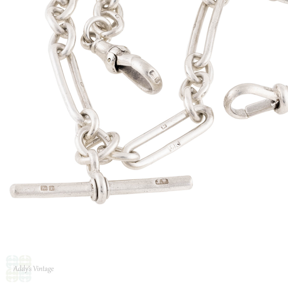 Antique Trombone Link Sterling Silver Double Albert Chain Necklace, 42 cm.