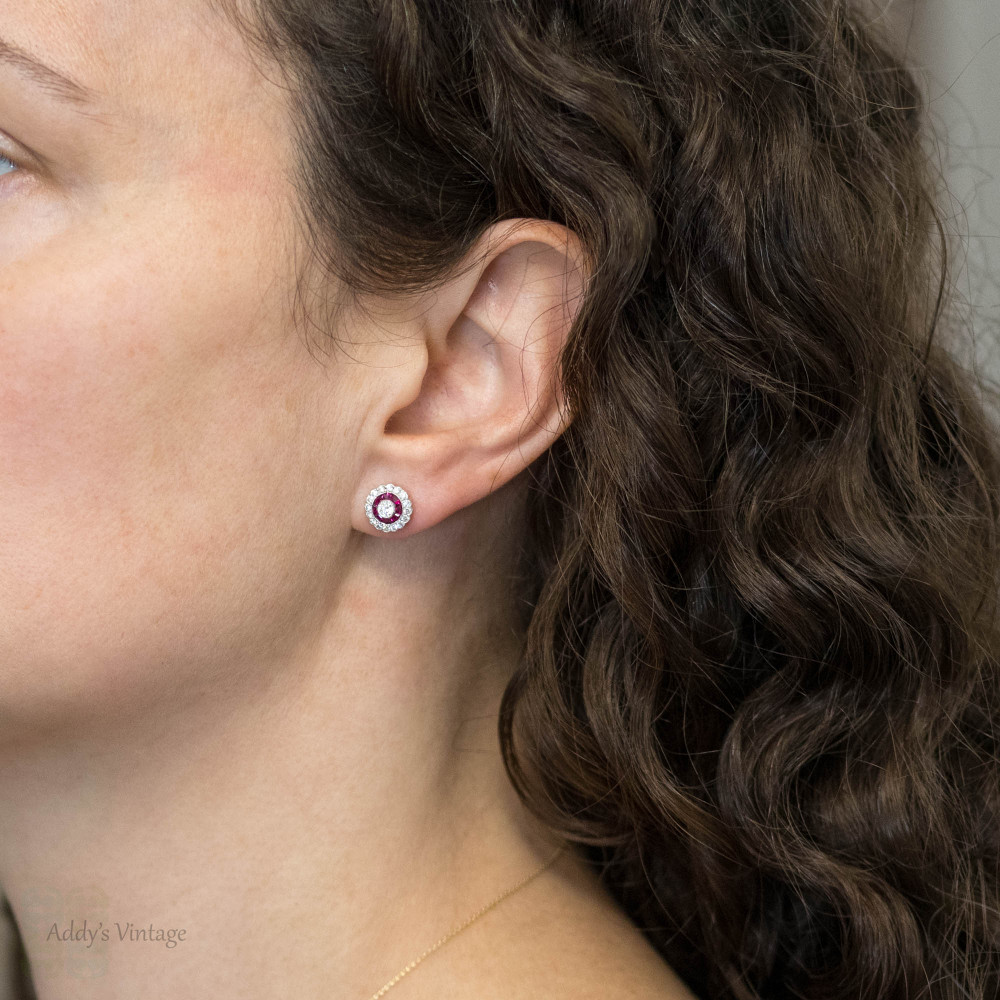 Diamond & Ruby 18ct White Gold Art Deco Style Target Earrings