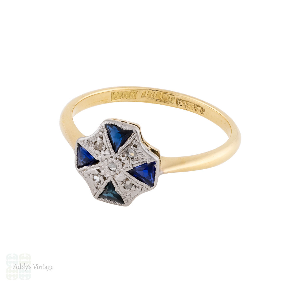 Antique Sapphire & Diamond Geometric Shape Art Deco Ring, 18ct & Platinum.