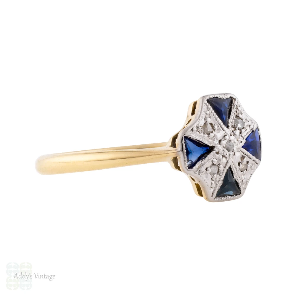 Antique Sapphire & Diamond Geometric Shape Art Deco Ring, 18ct & Platinum.