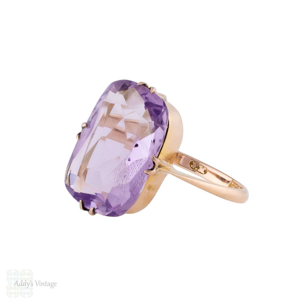 1920s Cushion Cut Solitaire  Amethyst Ring, 9ct Gold Double Claw Design.