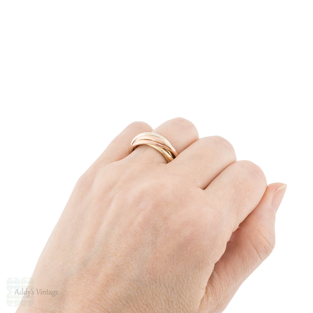 Vintage 9ct Tri Colour Gold Rolling Russian Wedding Ring, Size O / 7.25