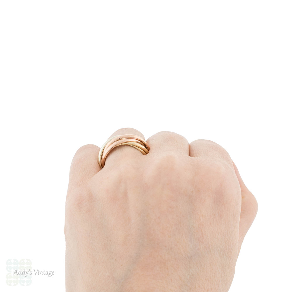 Vintage 9ct Tri Colour Gold Rolling Russian Wedding Ring, Size O / 7.25