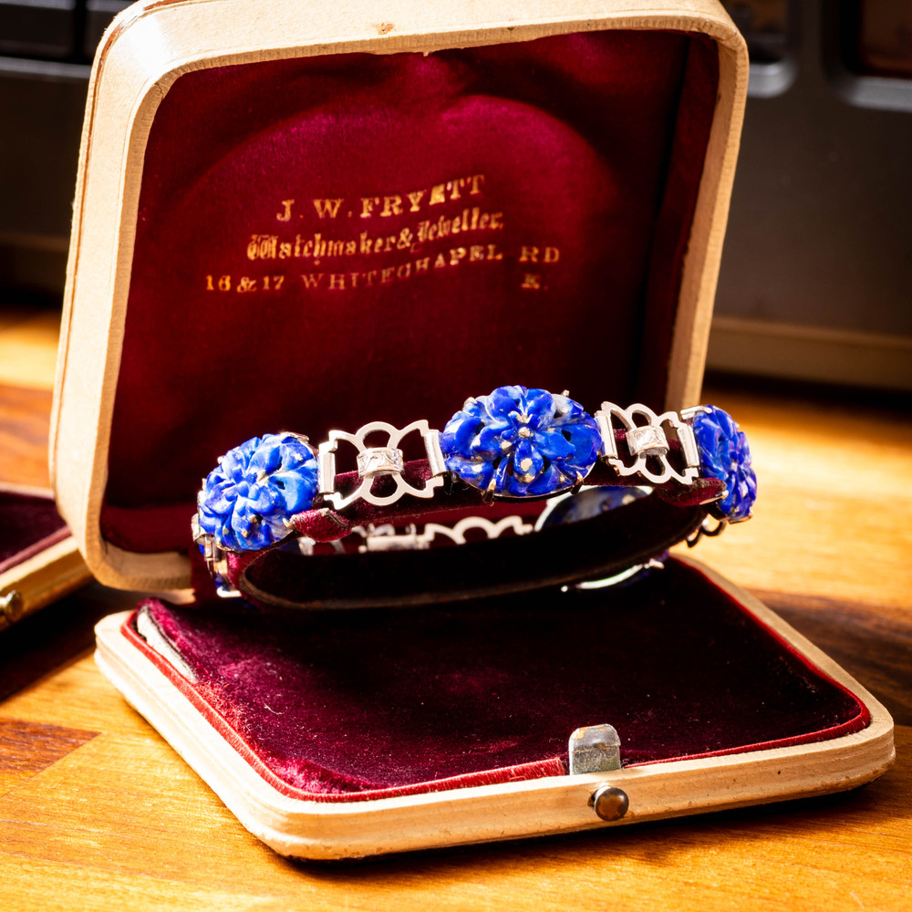 Vintage Carved Lapis Lazuli 9ct White Gold Bracelet