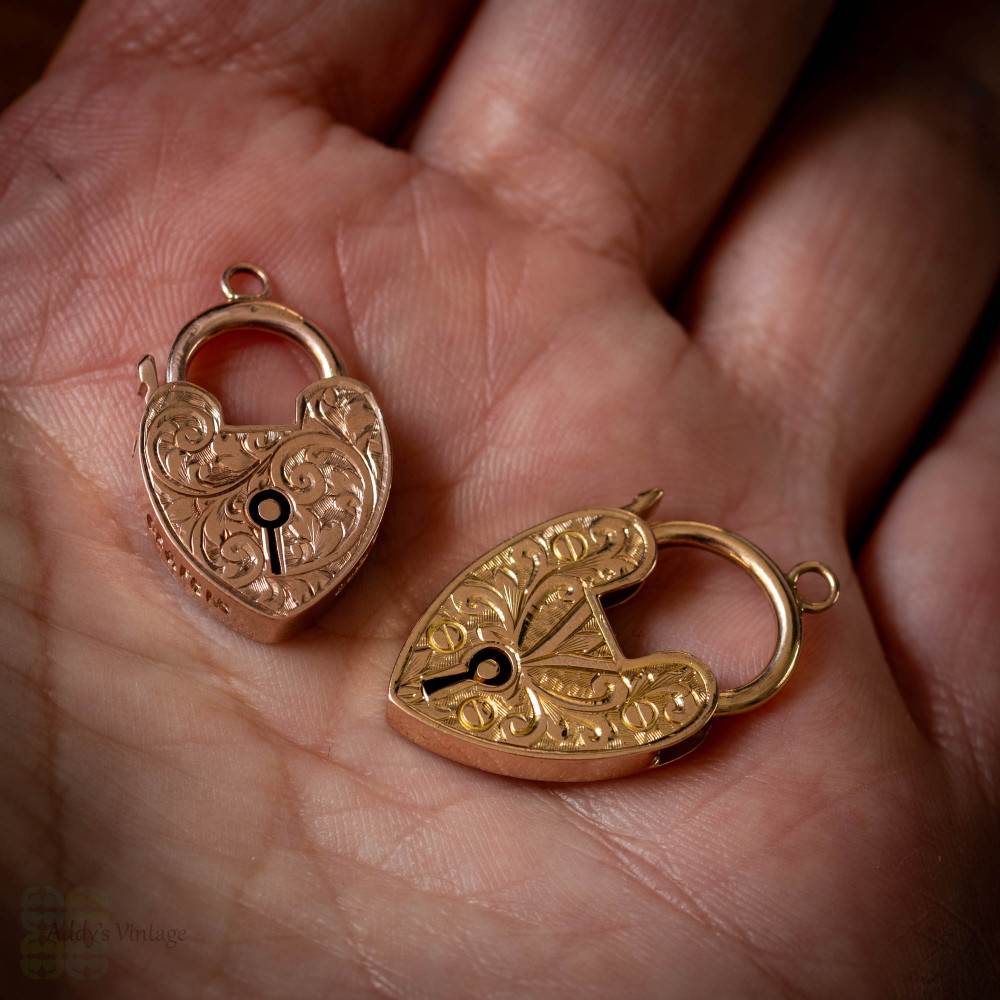 Engraved Antique 9ct Rose Gold Heart Padlock Pendant Clasp.