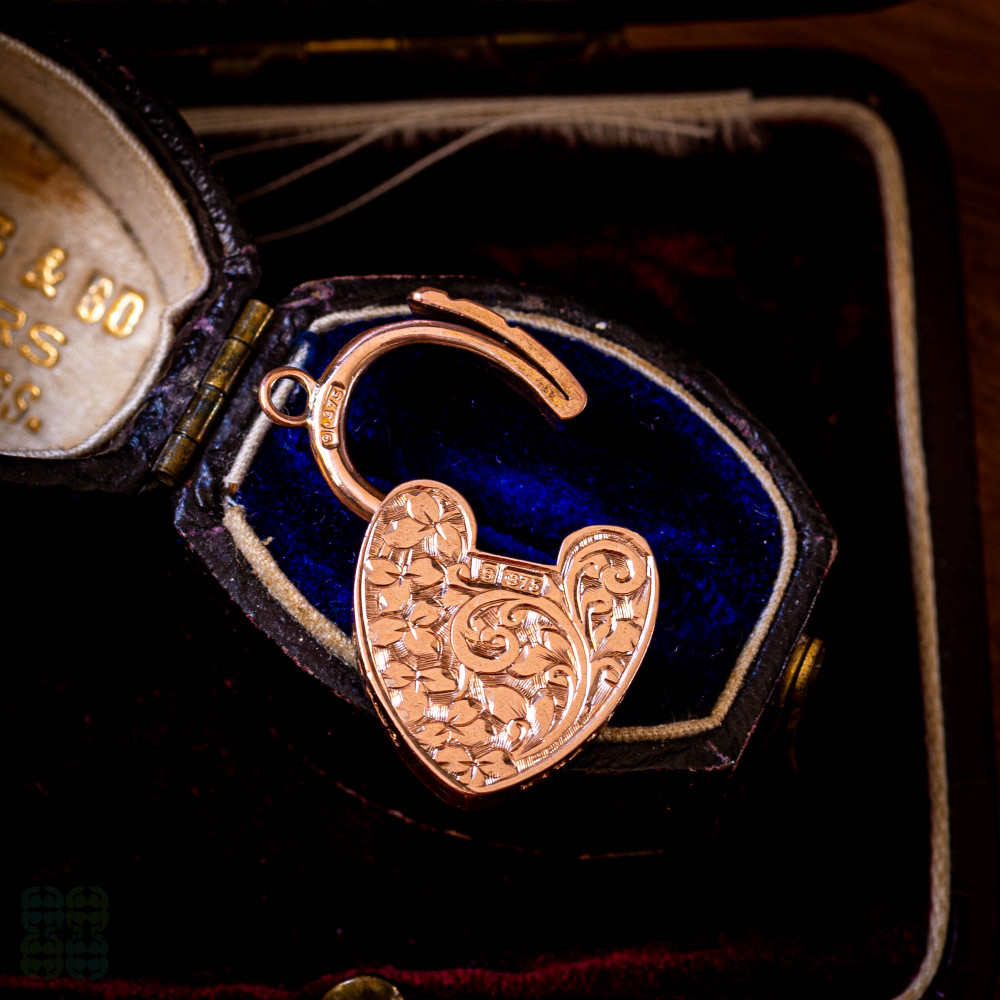 Engraved Antique 9ct Rose Gold Heart Padlock Pendant Clasp.