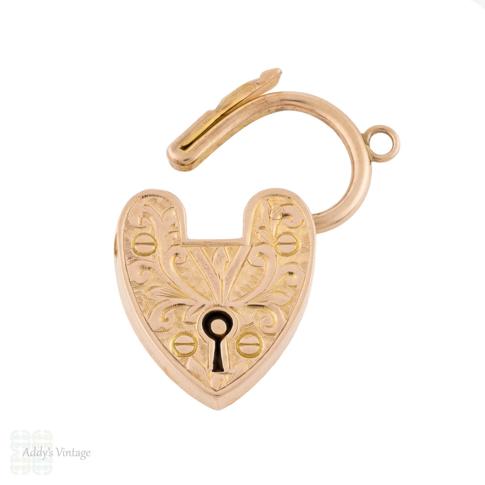 Antique Engraved 9ct Gold Heart Padlock Pendant Clasp.