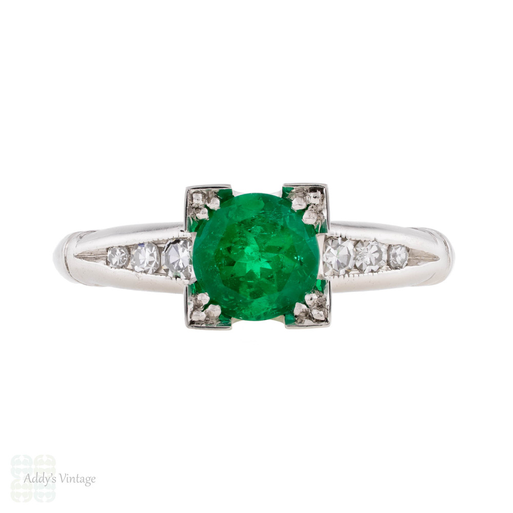 Vintage Platinum 0.75ct Emerald Engagement Ring with Diamond Accents.
