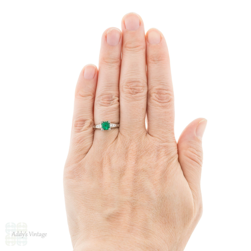 Vintage Platinum 0.75ct Emerald Engagement Ring with Diamond Accents.