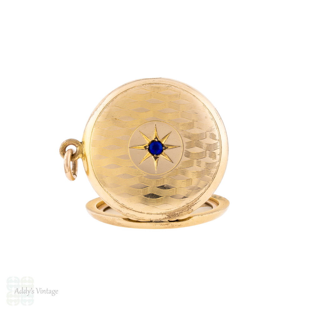 Vintage Rolled Gold Starburst & Engine Turned Locket with Sapphire Paste.