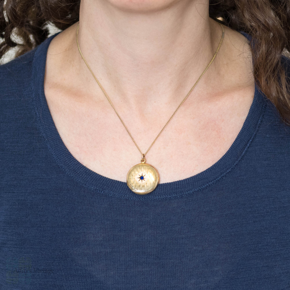 Vintage Rolled Gold Starburst & Engine Turned Locket with Sapphire Paste.