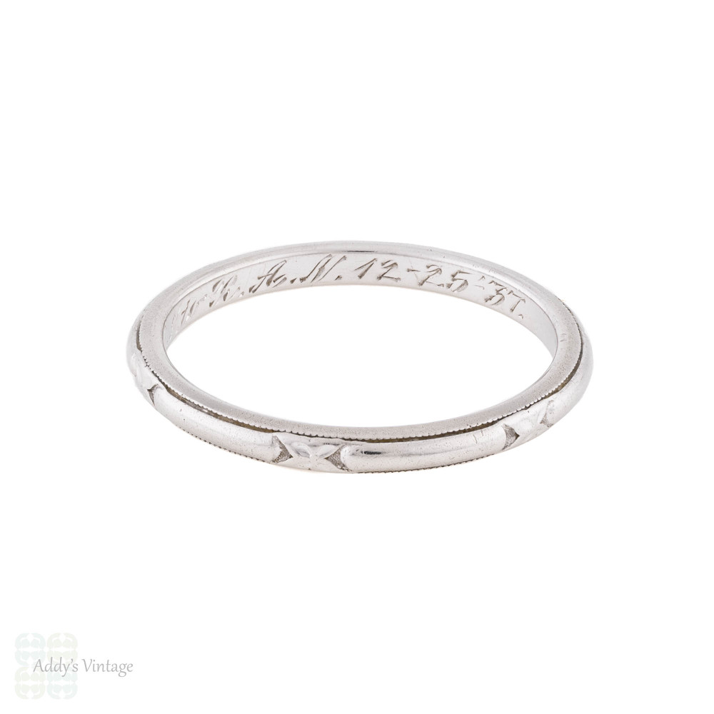 Art Deco Slender Flower Engraved Platinum Wedding Ring, Size L.5 / 6. 