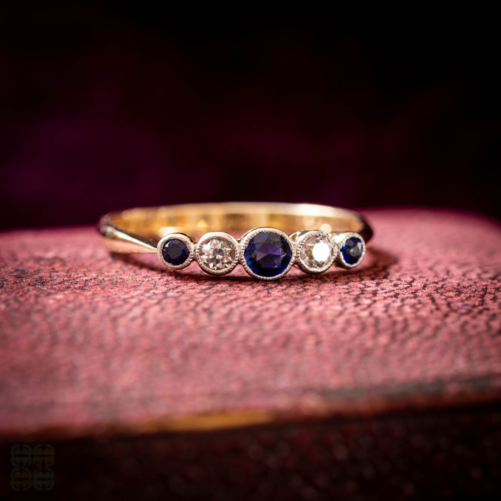 Antique Five Stone Sapphire Ring, 9ct & Platinum.