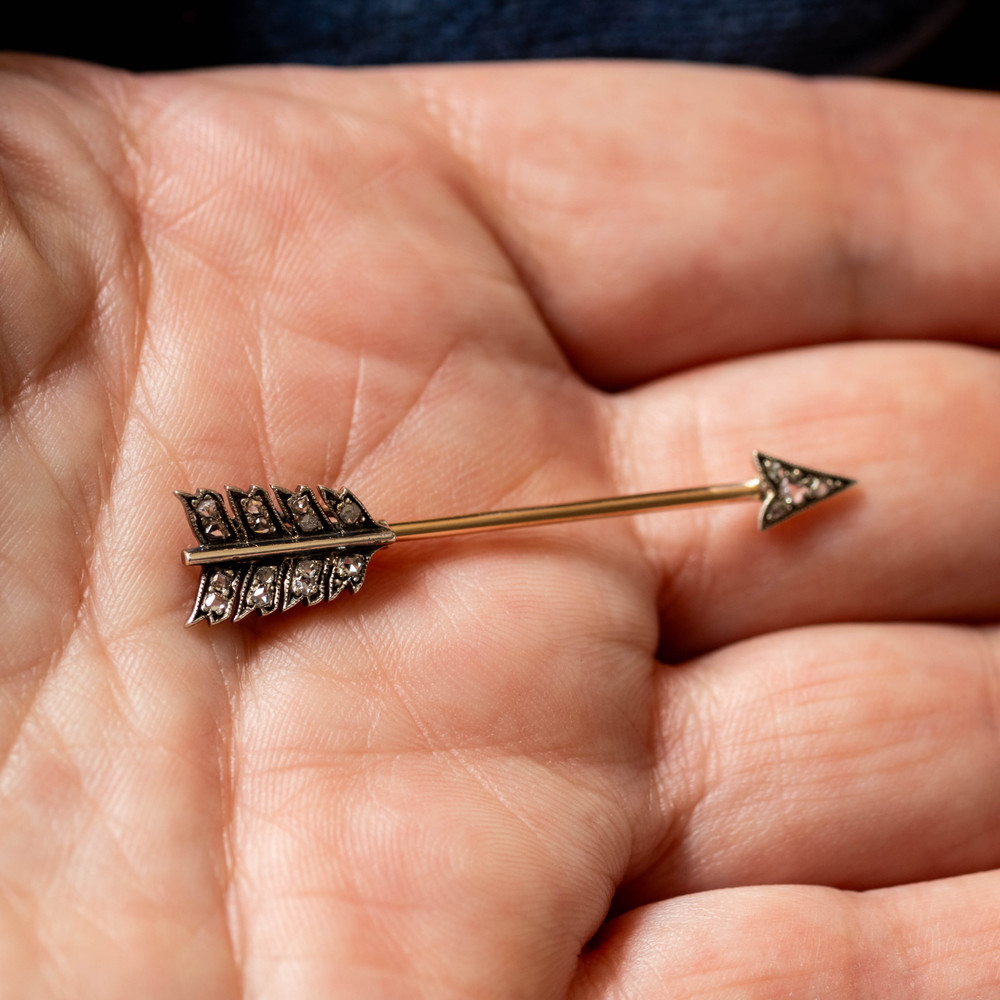 Victorian Rose Cut Diamond Arrow  Antique Jabot Pin Brooch, 15ct & Silver.