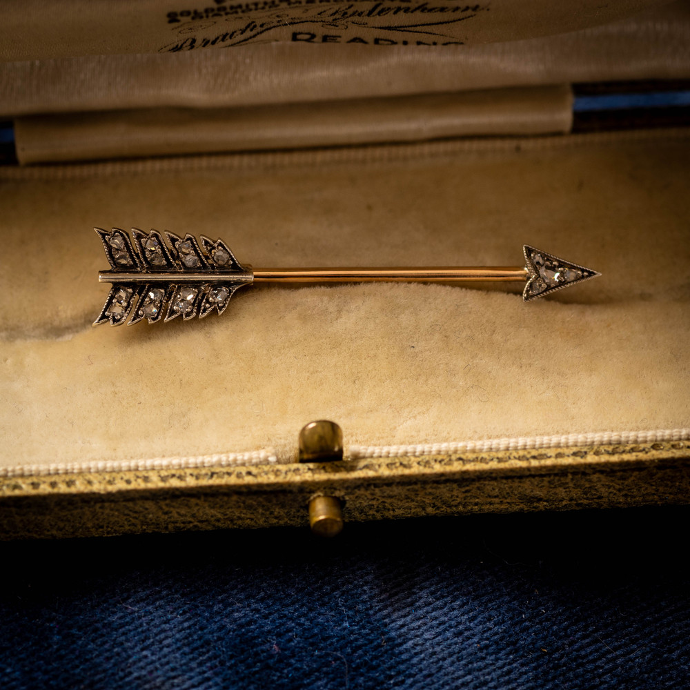 Victorian Rose Cut Diamond Arrow  Antique Jabot Pin Brooch, 15ct & Silver.