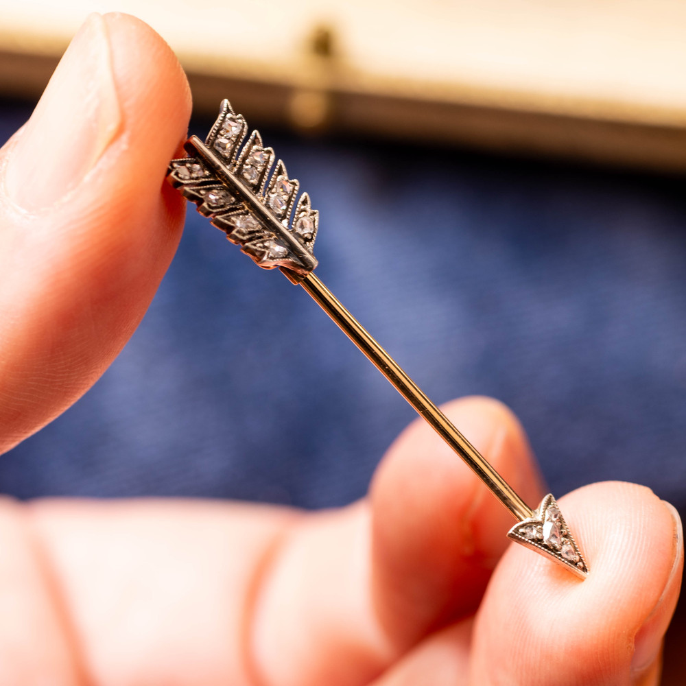 Victorian Rose Cut Diamond Arrow  Antique Jabot Pin Brooch, 15ct & Silver.