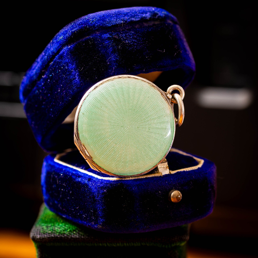 Edwardian Teal Blue Green Guilloche Enamel Locket, Sterling Silver Photograph Pendant.