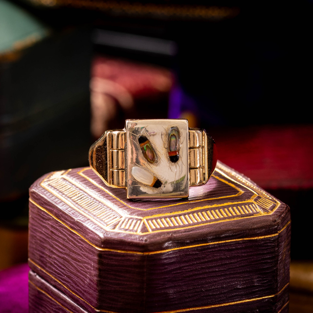 Antique Shibayama Insect Ring, 9ct Gold & Silver. Signet Style Two Tone Ring.