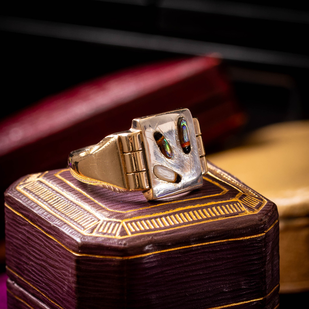 Antique Shibayama Insect Ring, 9ct Gold & Silver. Signet Style Two Tone Ring.