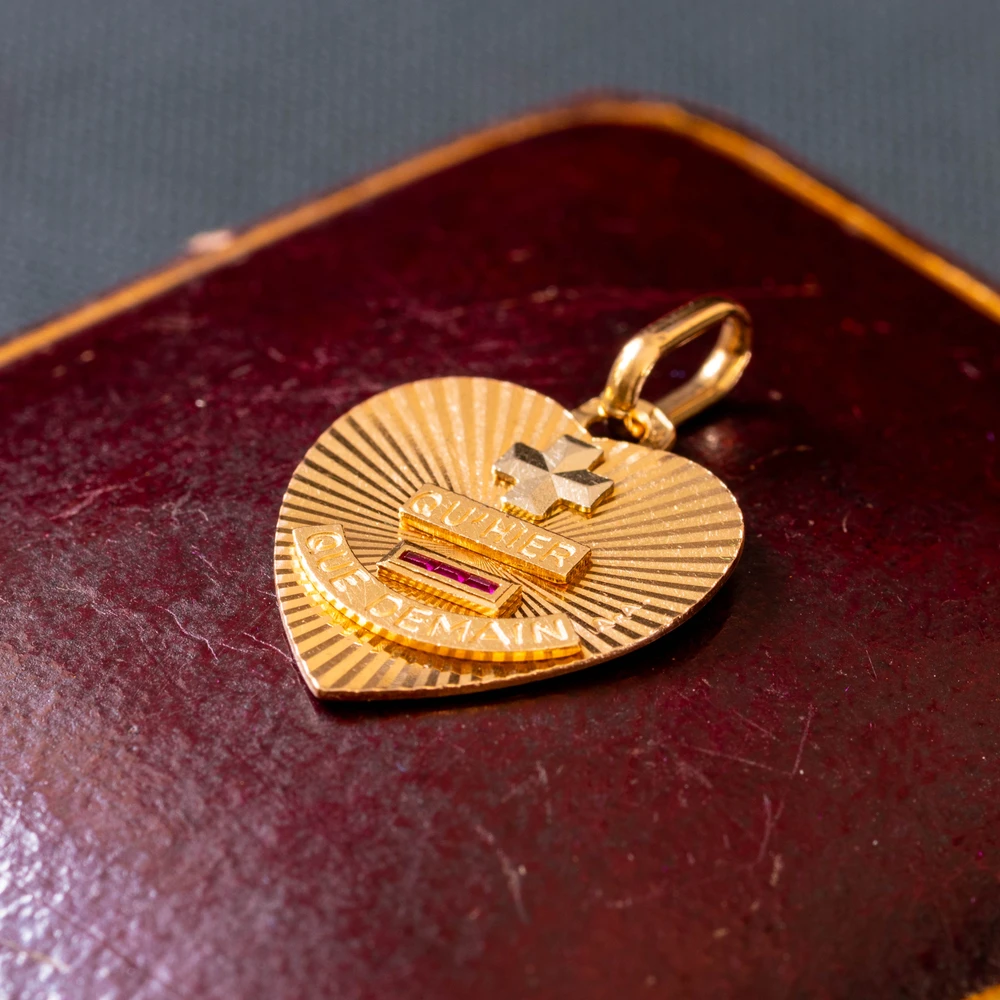 Vintage Qu'Hier Que Demain 18ct Gold French Love Heart Ruby Augis Pendant.